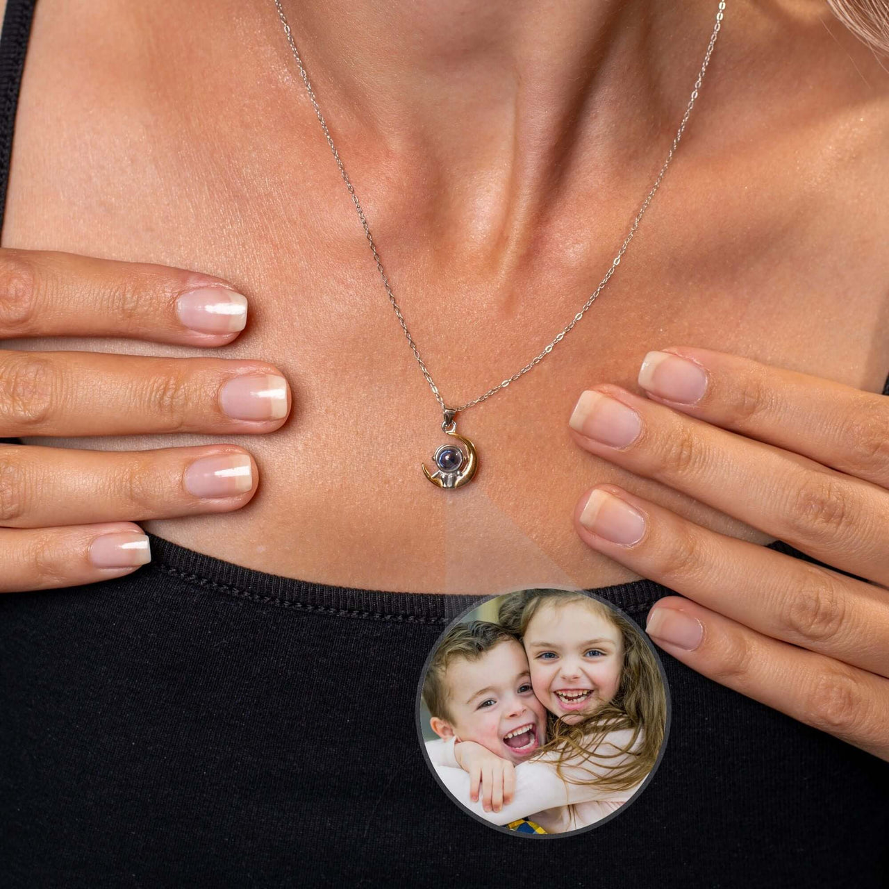 Stellar Photo Necklace showcasing a custom photo pendant, designed by Brother & Sisters for cherished memories.