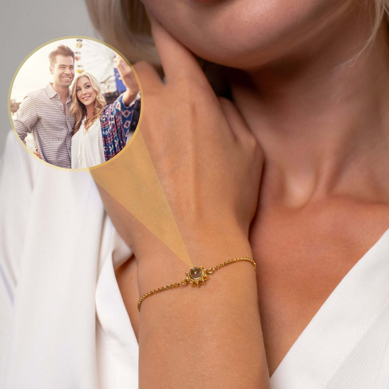 Close-up of the Sun Photo Bracelet by Brother & Sisters, featuring a sun-shaped charm and personalized photo hidden within.