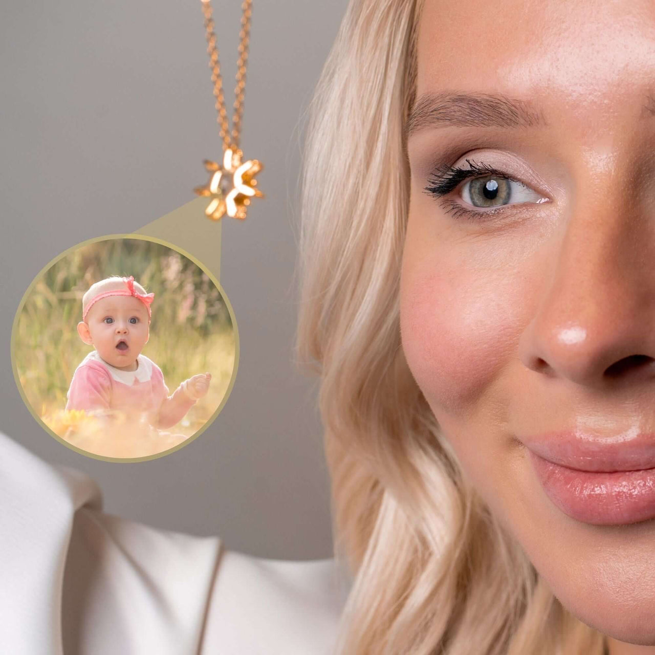 Close-up of a woman wearing a Sun Photo Necklace, showcasing a cherished photo illuminated within the pendant, by Brother & Sisters.