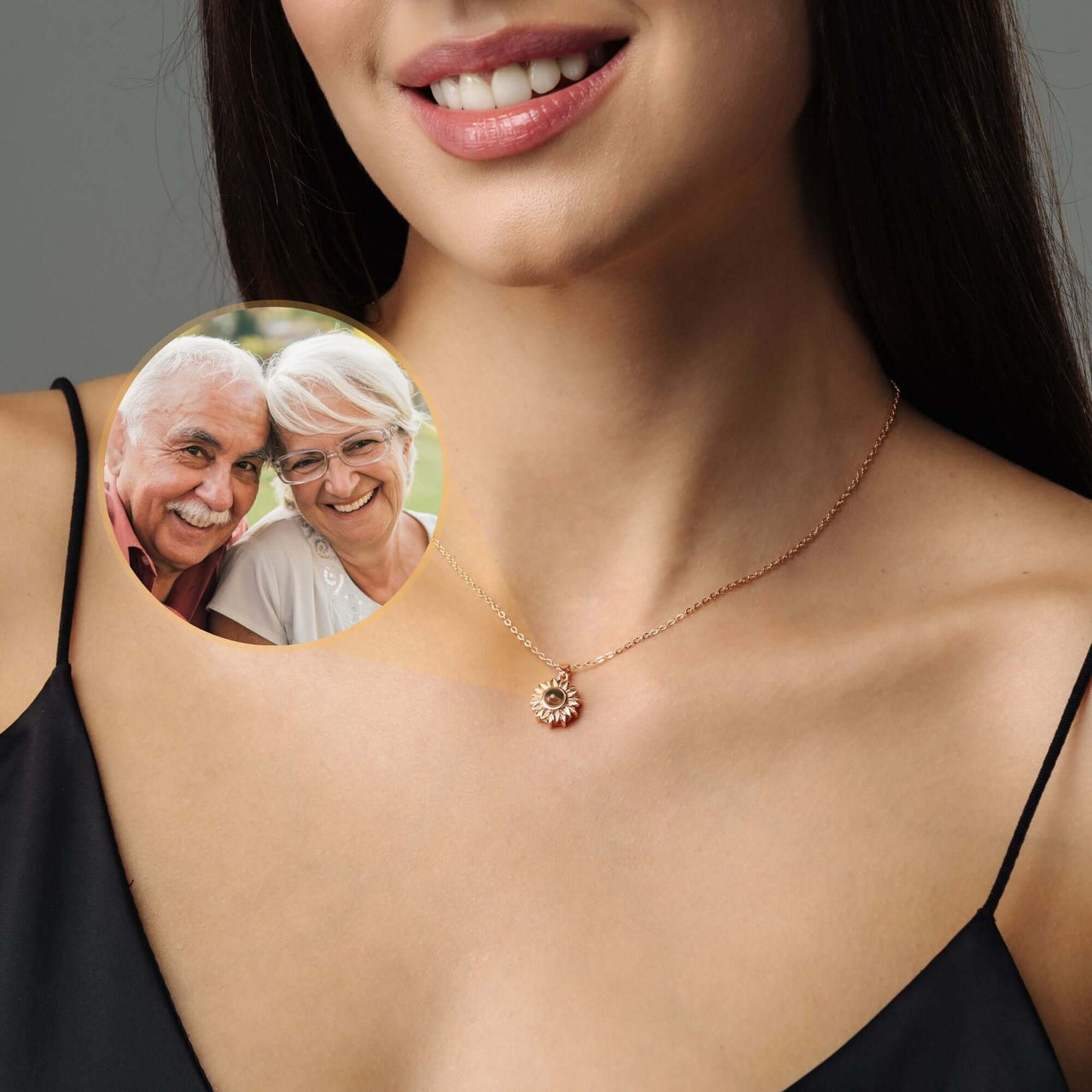 Sunflower Photo Necklace worn by a woman, featuring a sunflower pendant and a cherished photo of loved ones.