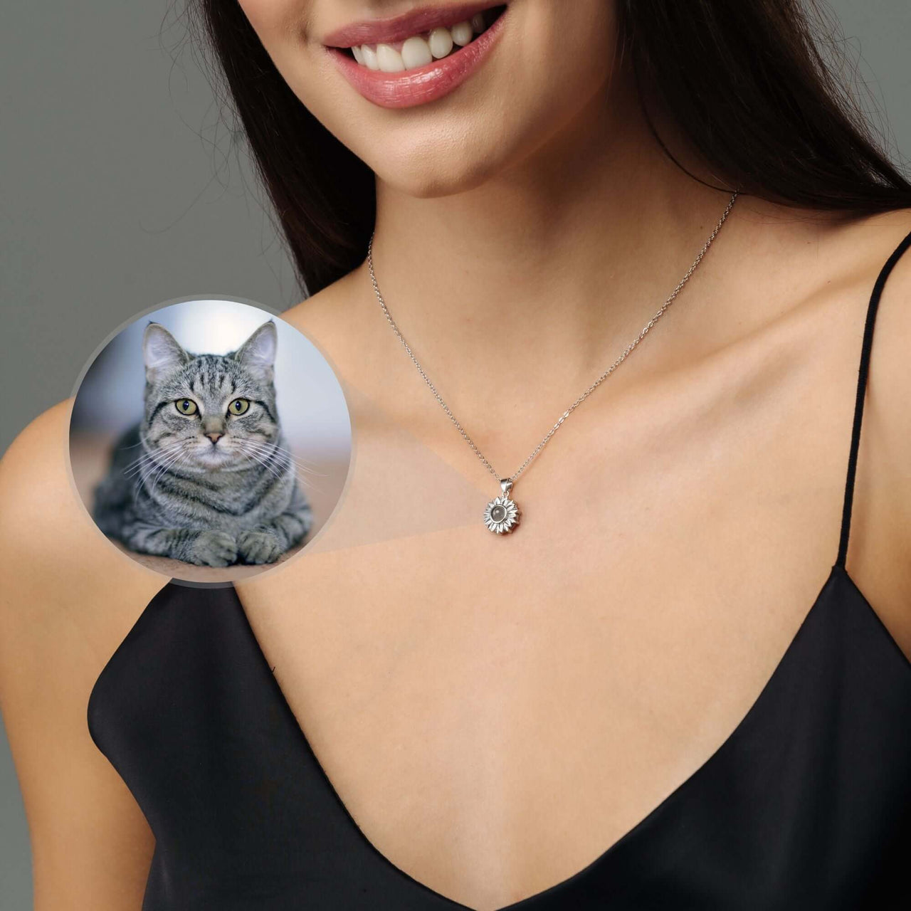 Sunflower Photo Necklace featuring personalized cat photo projected in sunflower pendant by Brother & Sisters.