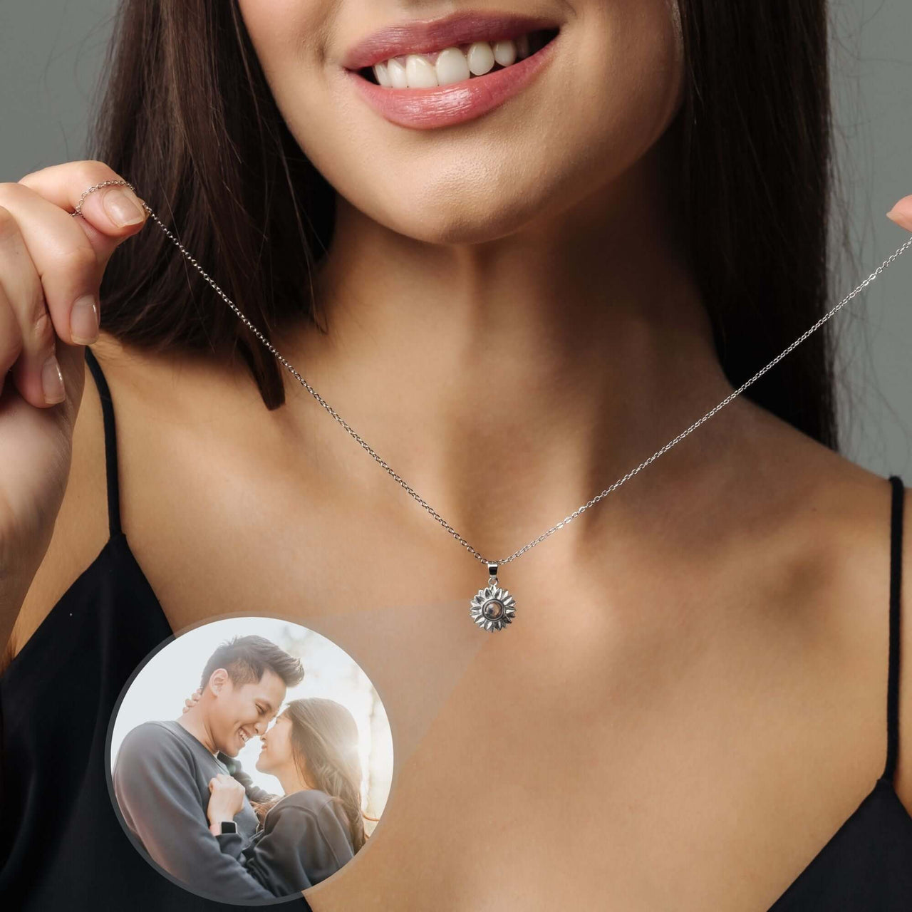 Sunflower Photo Necklace worn by a woman showcasing its charm and personalized photo projection by Brother & Sisters.
