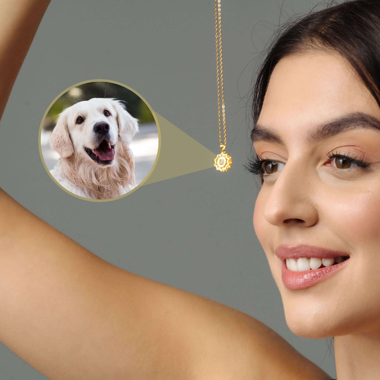 Sunflower Photo Necklace showcasing a smiling golden retriever inside the pendant, worn by a woman holding it up.
