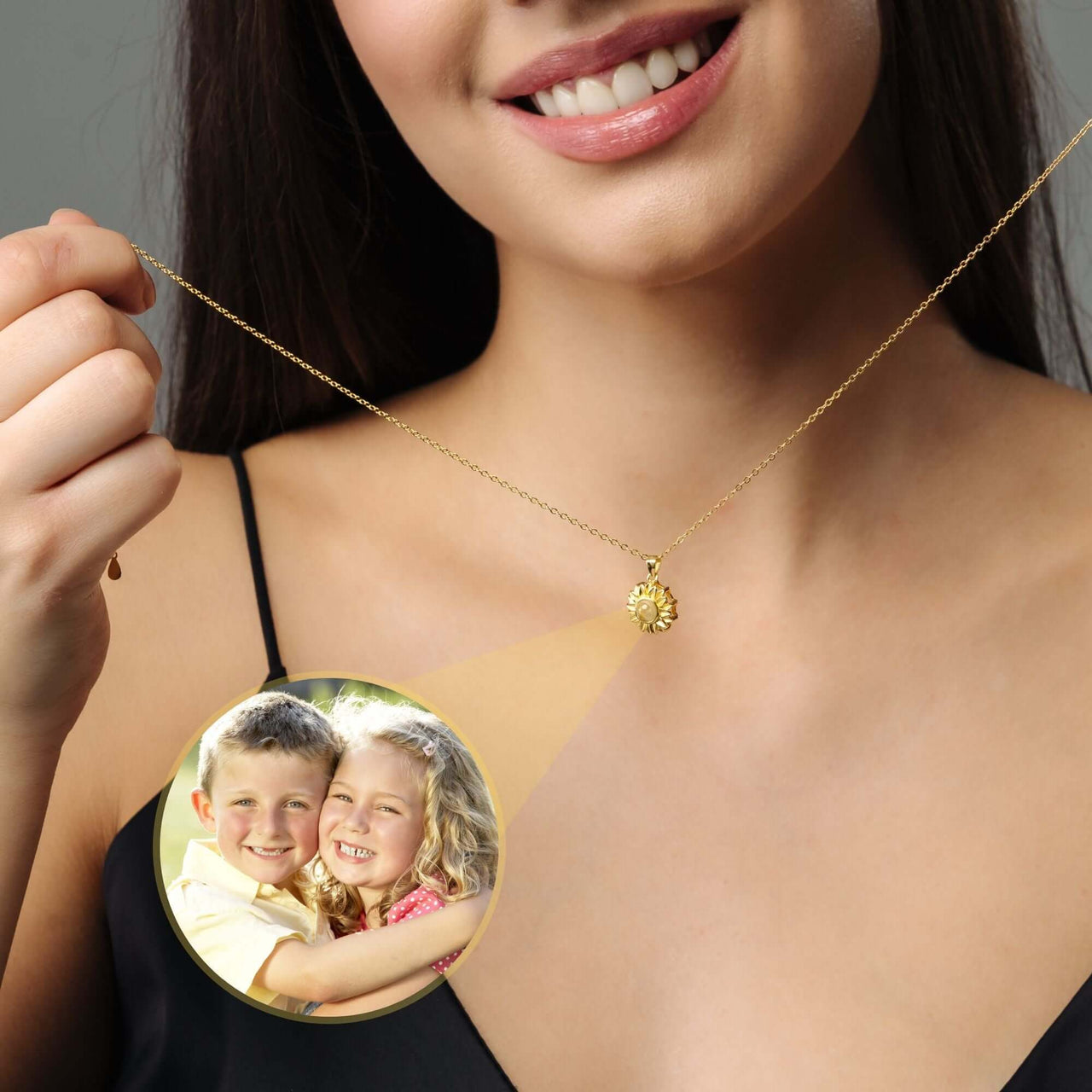 Sunflower Photo Necklace showcasing a golden sunflower pendant featuring a cherished photo, by Brother & Sisters.