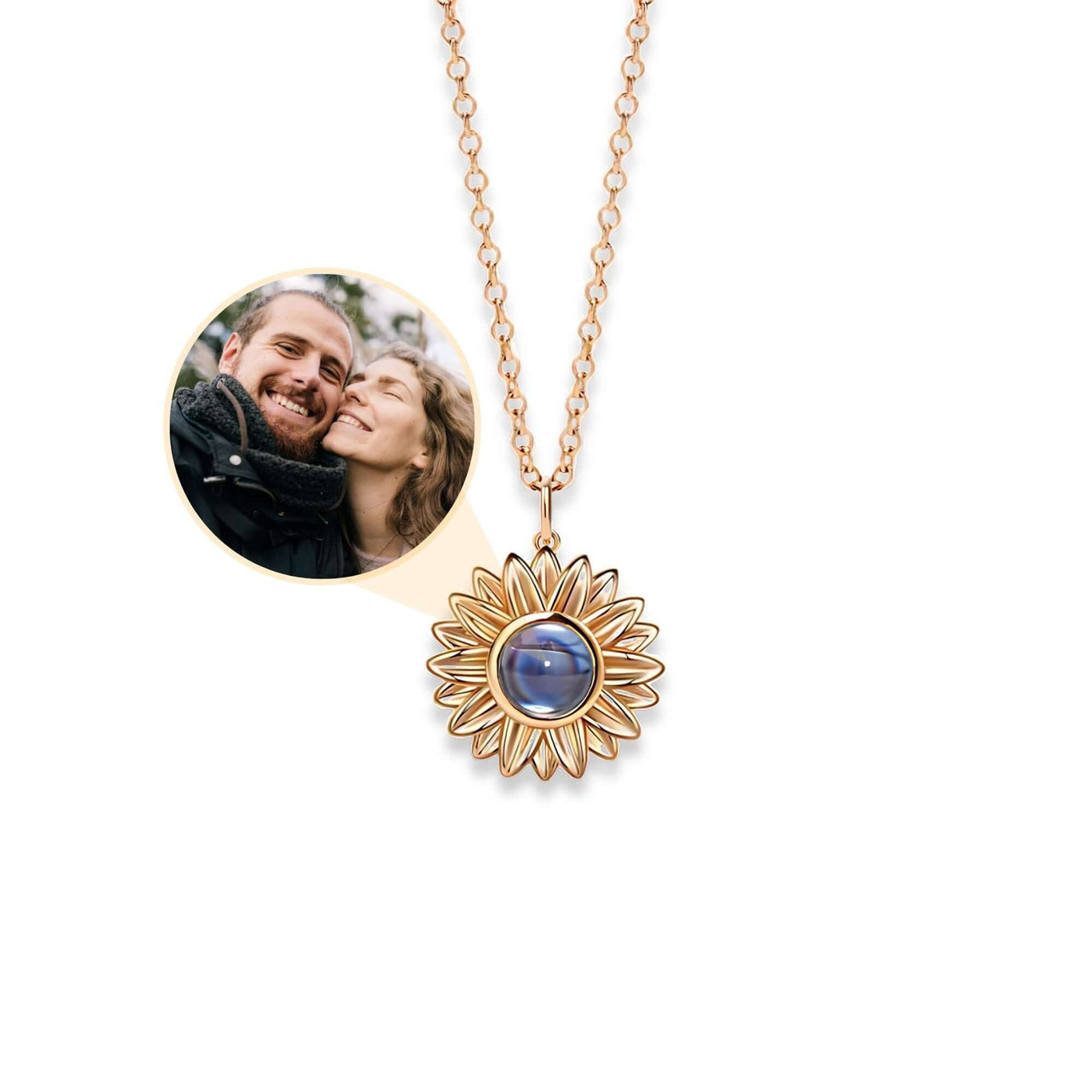 Sunflower Photo Necklace showcasing a personalized photo pendant by Brother & Sisters, perfect for cherished memories.