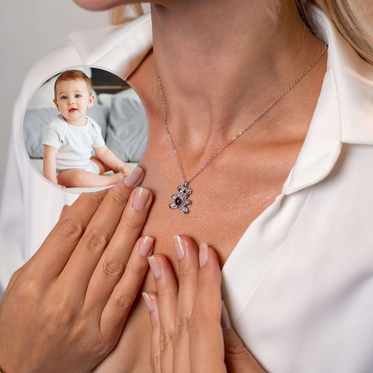 Elegant Teddy Bear Photo Necklace worn by a woman, showcasing a personalized photo of a child.