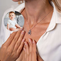 Thumbnail for Elegant Teddy Bear Photo Necklace worn by a woman, showcasing a personalized photo of a child.