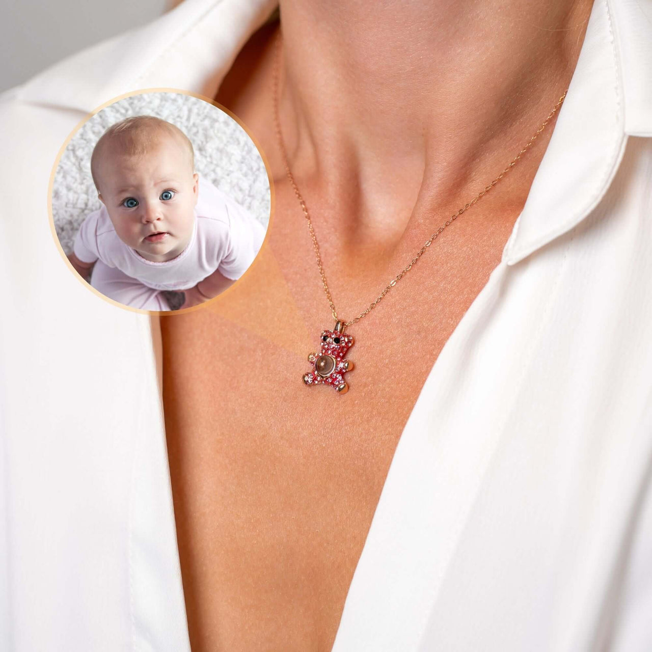 Teddy Bear Photo Necklace showcasing a baby photo projection, elegant jewelry by Brother & Sisters.