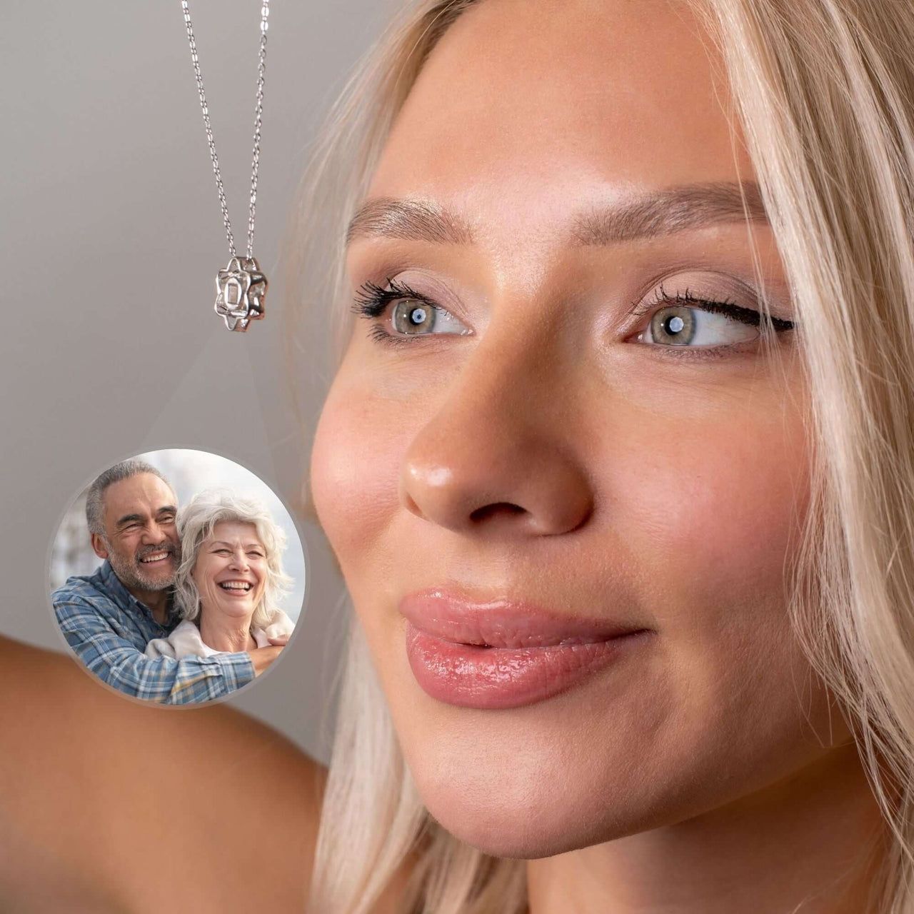 Triangle Photo Necklace worn by a woman, showcasing a happy couple's photo inside the pendant by Brother & Sisters.