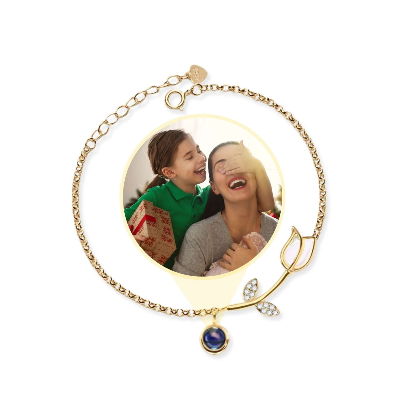 Tulip Photo Bracelet by Brother & Sisters featuring a tulip charm and a hidden photo projection of loved ones.