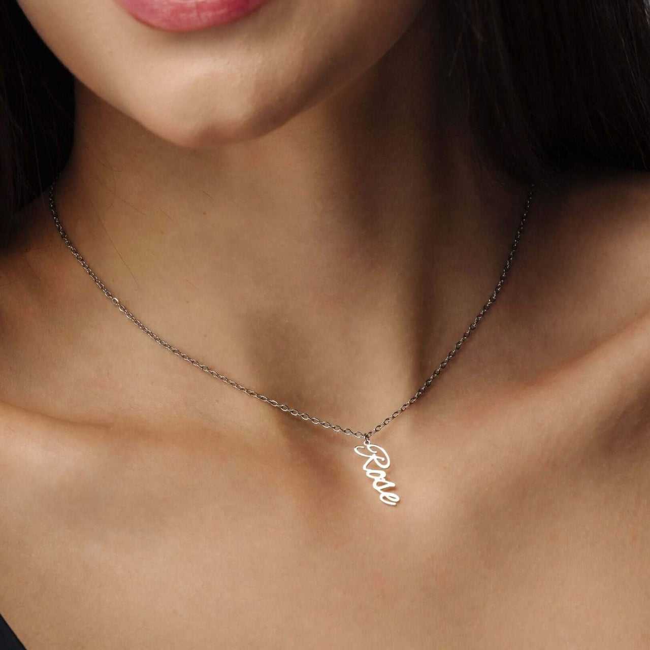 Vertical Name Necklace by Brother & Sisters, elegantly displaying the name 'Rose' in a modern vertical design.