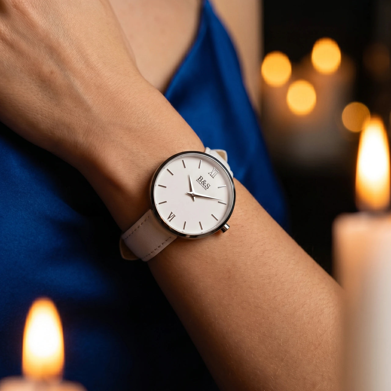 White Purity evening — sapphire silk and candlelight — lug-less