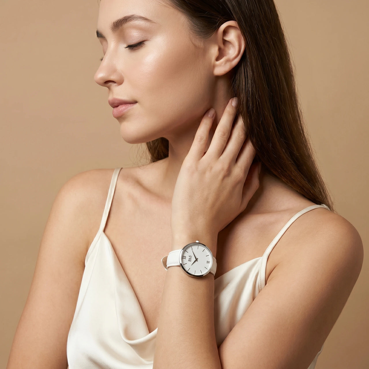 White Purity editorial portrait — lug-less round case