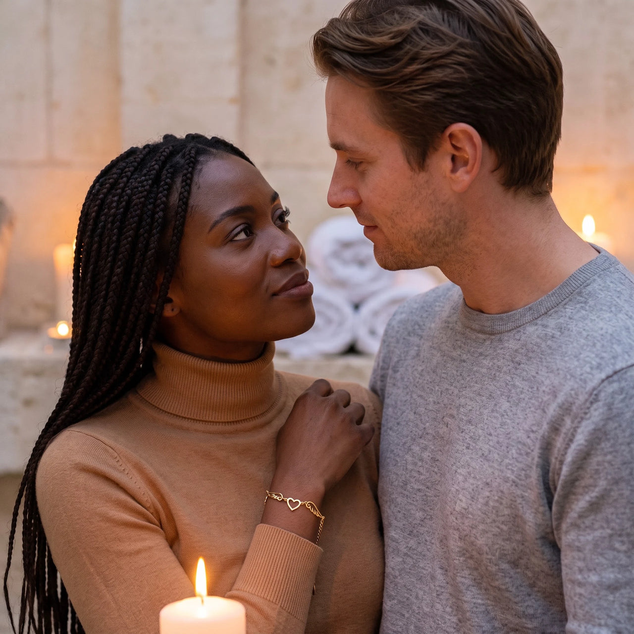 Woman wearing the gold bracelet with her partner | SKU: 42007-gold