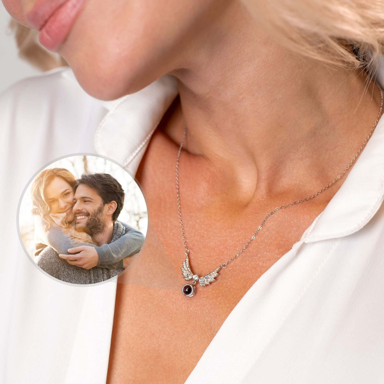 Wings Photo Necklace featuring personalized photo, elegant angel wings by Brother & Sisters, perfect keepsake jewelry.