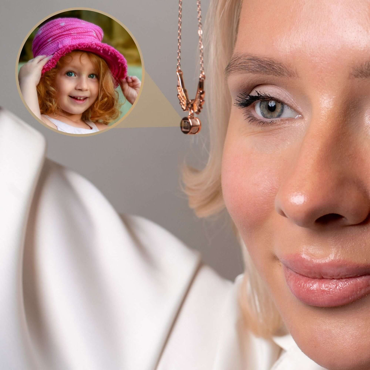 Wings Photo Necklace featuring a personalized photo within angel wings by Brother & Sisters, elegant keepsake jewelry.
