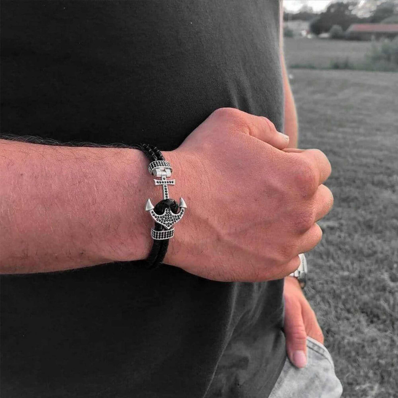 Man Bracelet -  Man Leather Bracelet - White Gold Anchor Bracelet - Men's Bracelet Bracelet Brother & Sisters