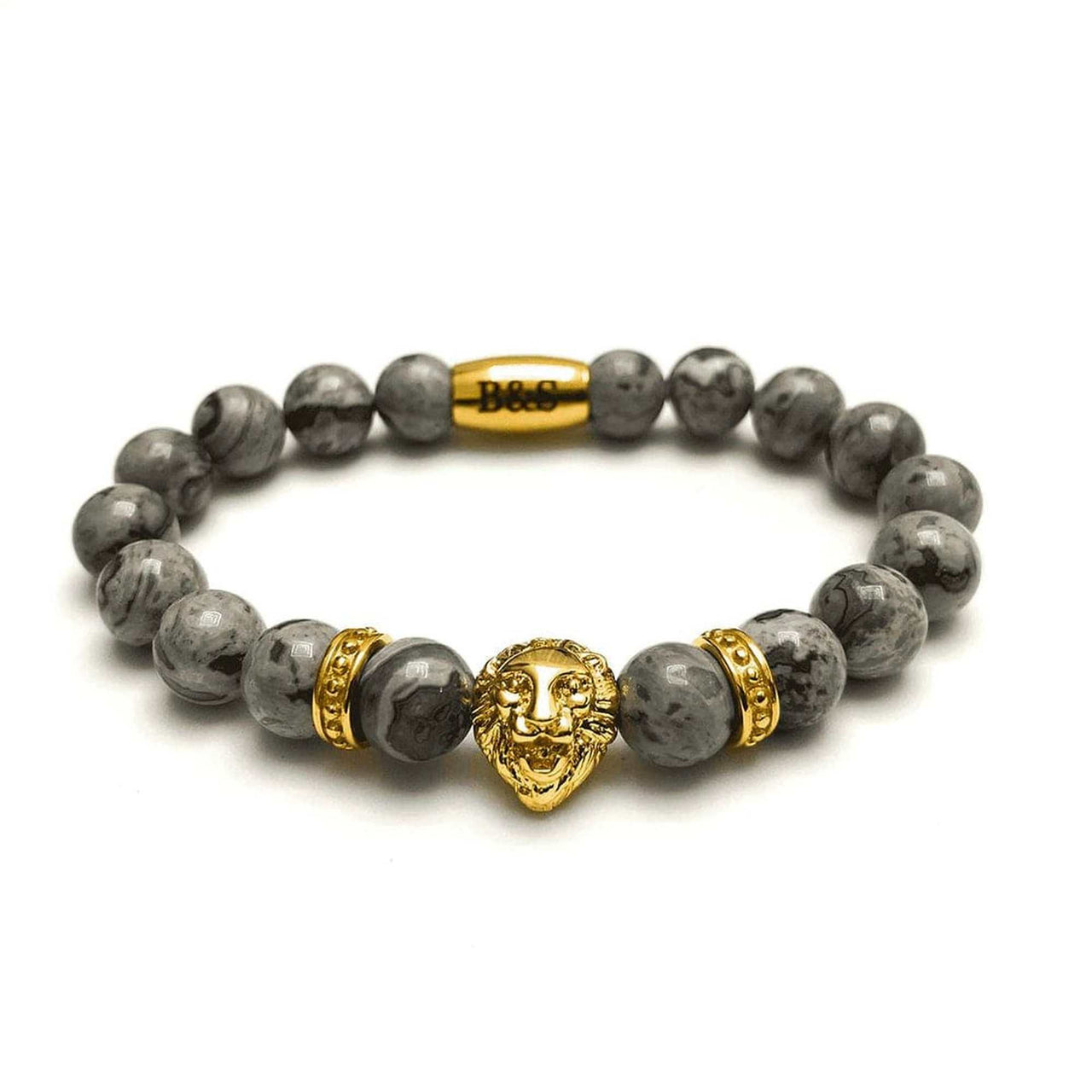 Man Bracelet - Men’s Beaded Bracelet - Gold Lion & Grey Stones Bracelet - gold bracelet for man Bracelet XS (14-15cm) Brother & Sisters