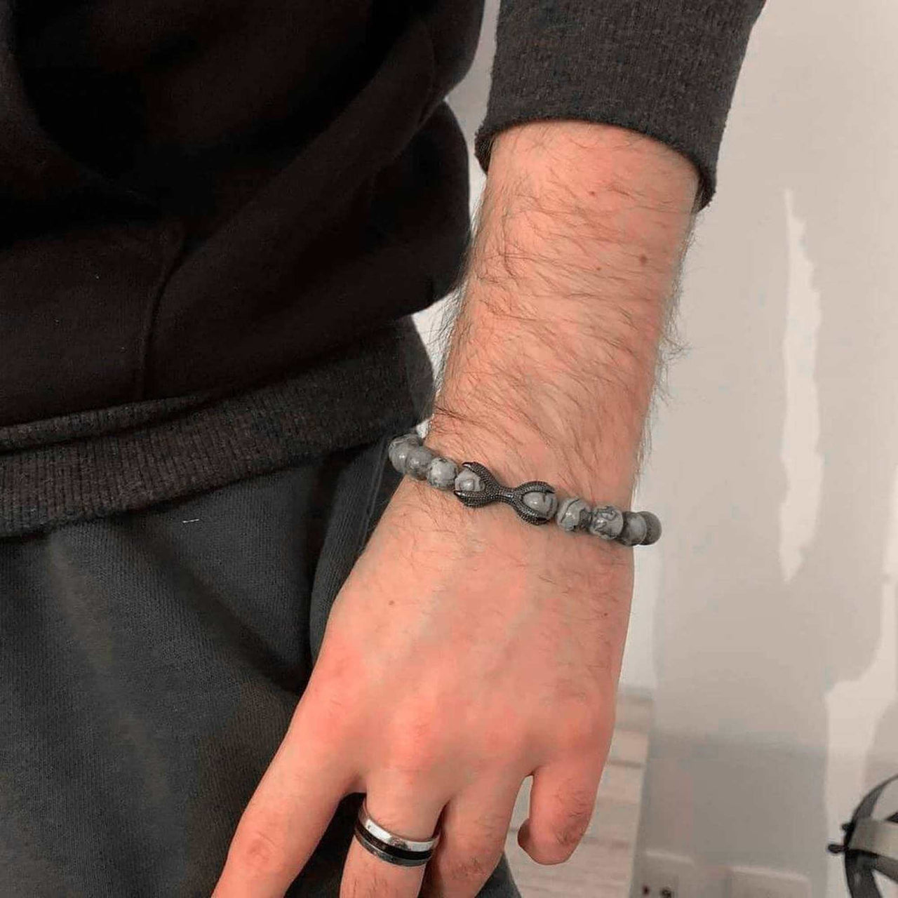 Man Bracelet - Men’s Beaded Bracelets - Black Viking & Grey Stones - Men’s Bracelet Bracelet Brother & Sisters