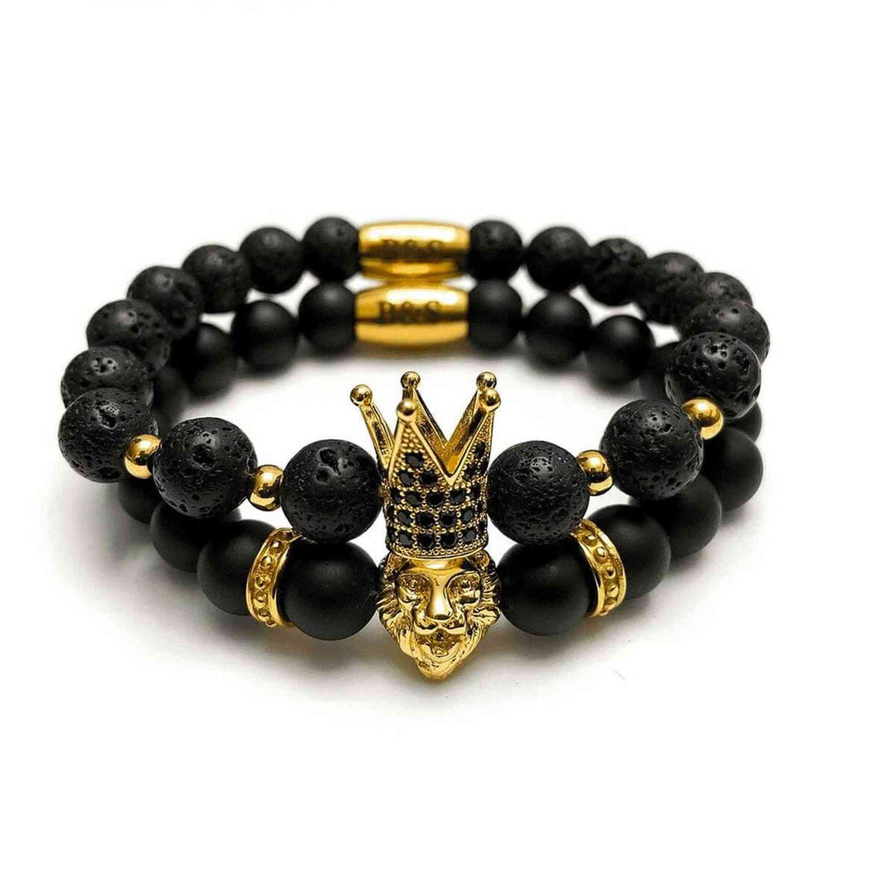 Man Bracelet - Men’s Beaded Bracelets - Gold Crowned Lion Set - gold bracelet for man Bracelet XS (14-15cm) Brother & Sisters