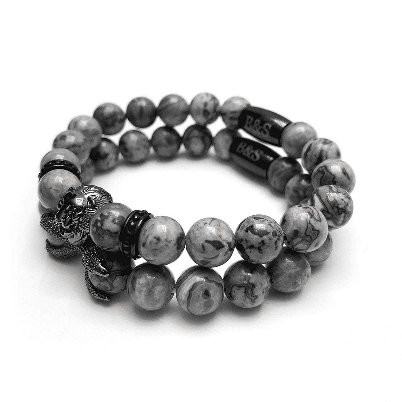 Man Bracelets - Men’s Beaded Bracelets - Black Lion & Grey Stones Set - Men’s Bracelet Bracelet Brother & Sisters
