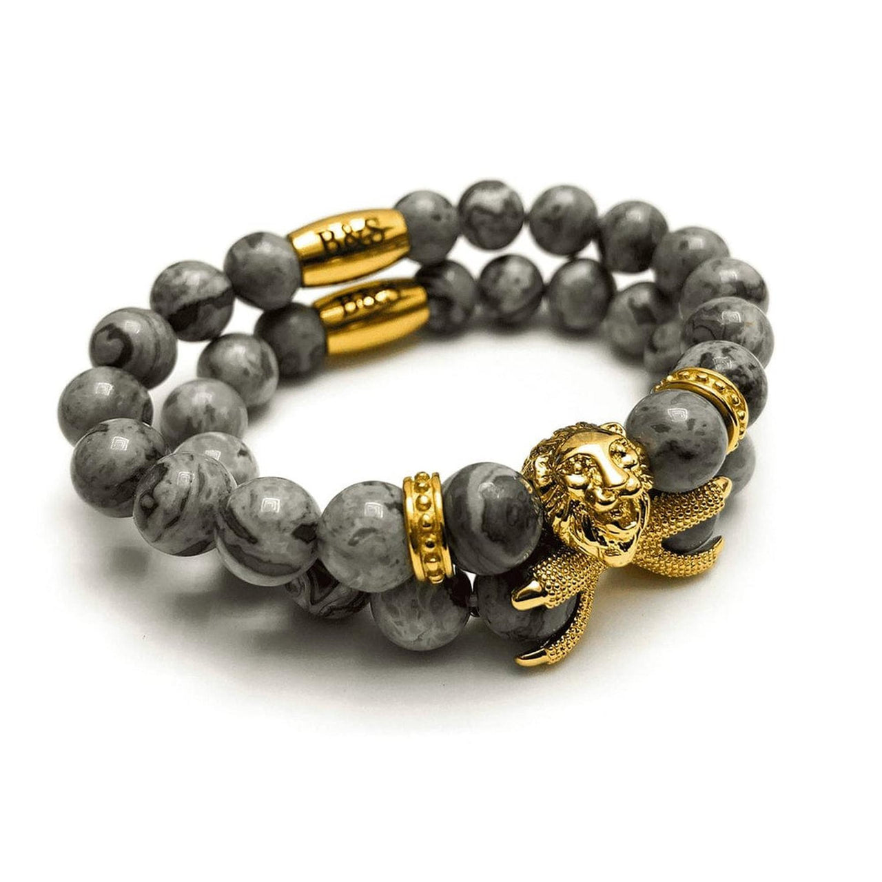 Man Bracelets - Men’s Beaded Bracelets - Gold Lion & Grey Stones Set - gold bracelet for man Bracelet Brother & Sisters
