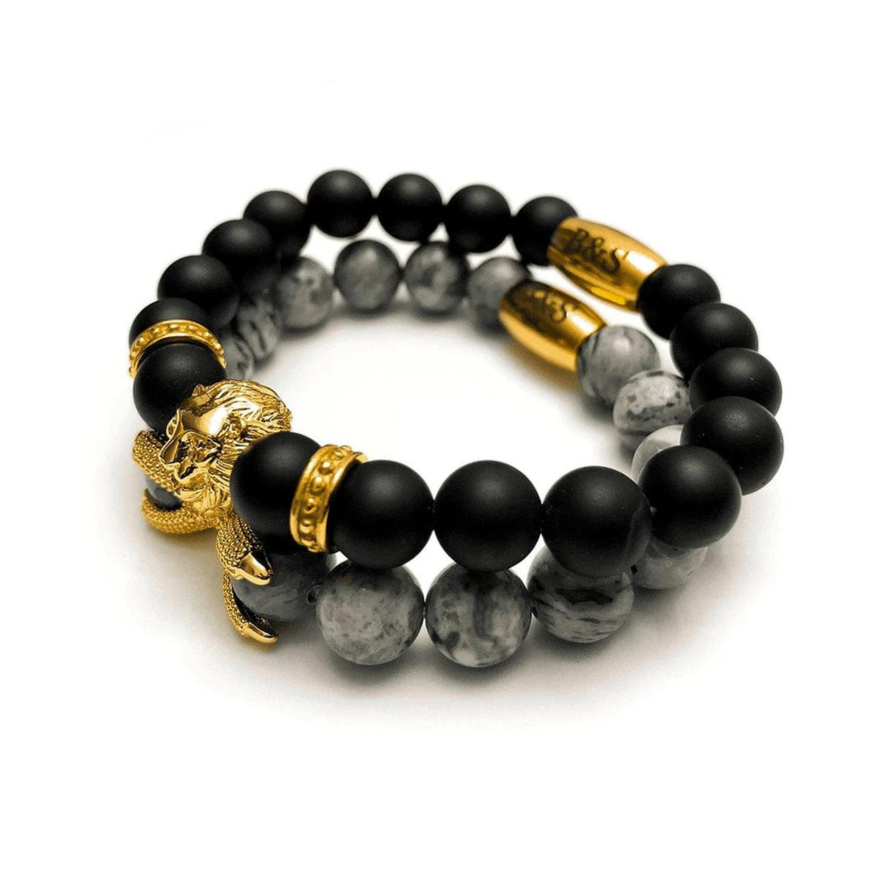 Man Bracelets - Men’s Beaded Bracelets - Gold Lion with Black & Grey Stones Set - gold bracelet for man Bracelet Brother & Sisters