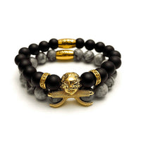 Thumbnail for Man Bracelets - Men’s Beaded Bracelets - Gold Lion with Black & Grey Stones Set - gold bracelet for man Bracelet XS (14-15cm) Brother & Sisters
