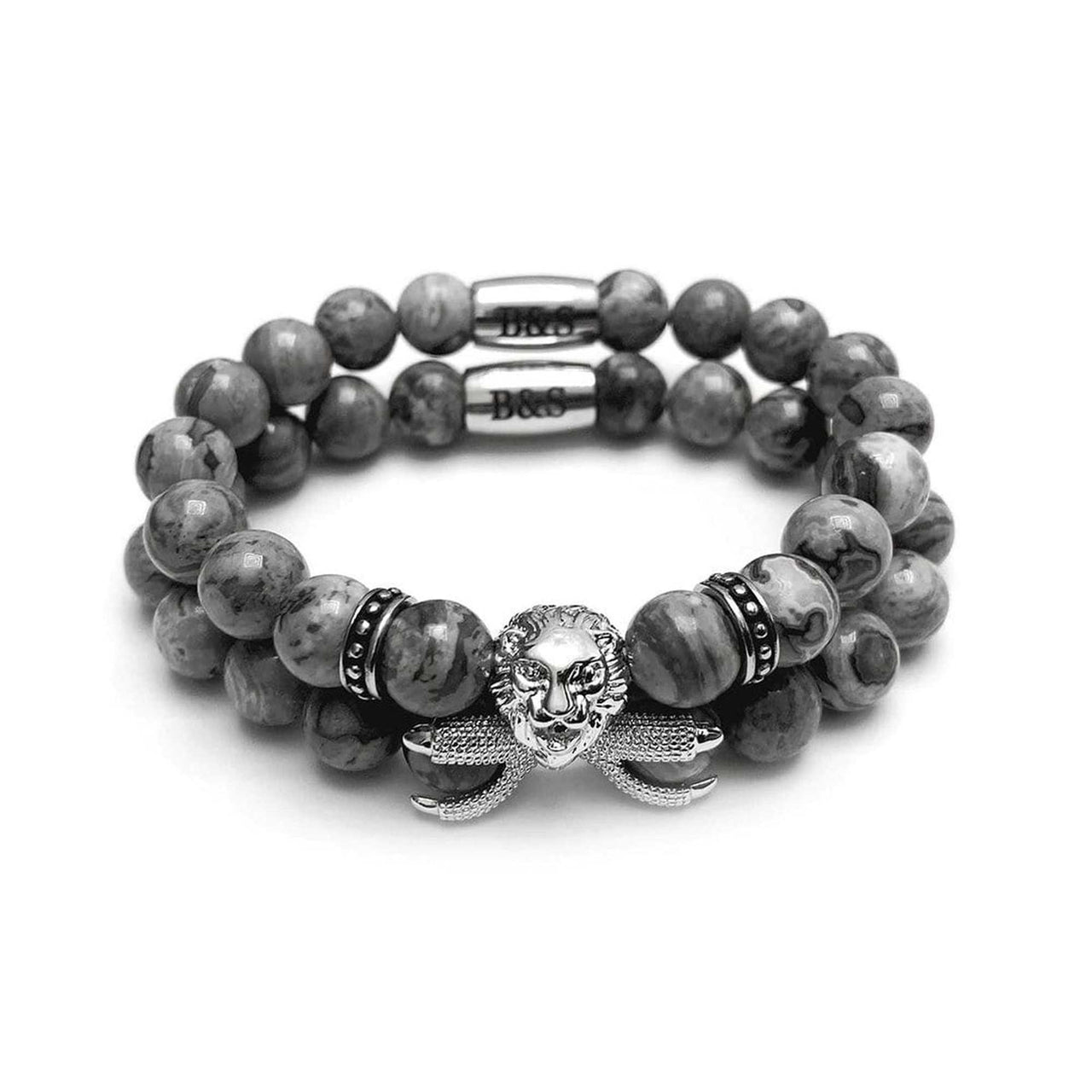 Man Bracelets - Men’s Beaded Bracelets - White Gold Lion & Grey Stones Set - Men’s Bracelet Bracelet XS (14-15cm) Brother & Sisters