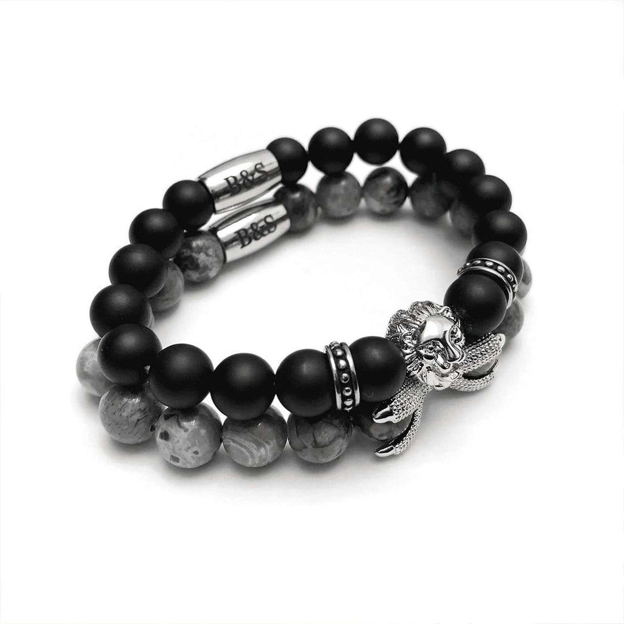 Man Bracelets - Men’s Beaded Bracelets - White Gold Lion with Black & Grey Stones Set - Men’s Bracelet Bracelet Brother & Sisters