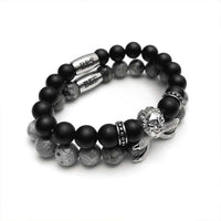 Thumbnail for Man Bracelets - Men’s Beaded Bracelets - White Gold Lion with Black & Grey Stones Set - Men’s Bracelet Bracelet Brother & Sisters