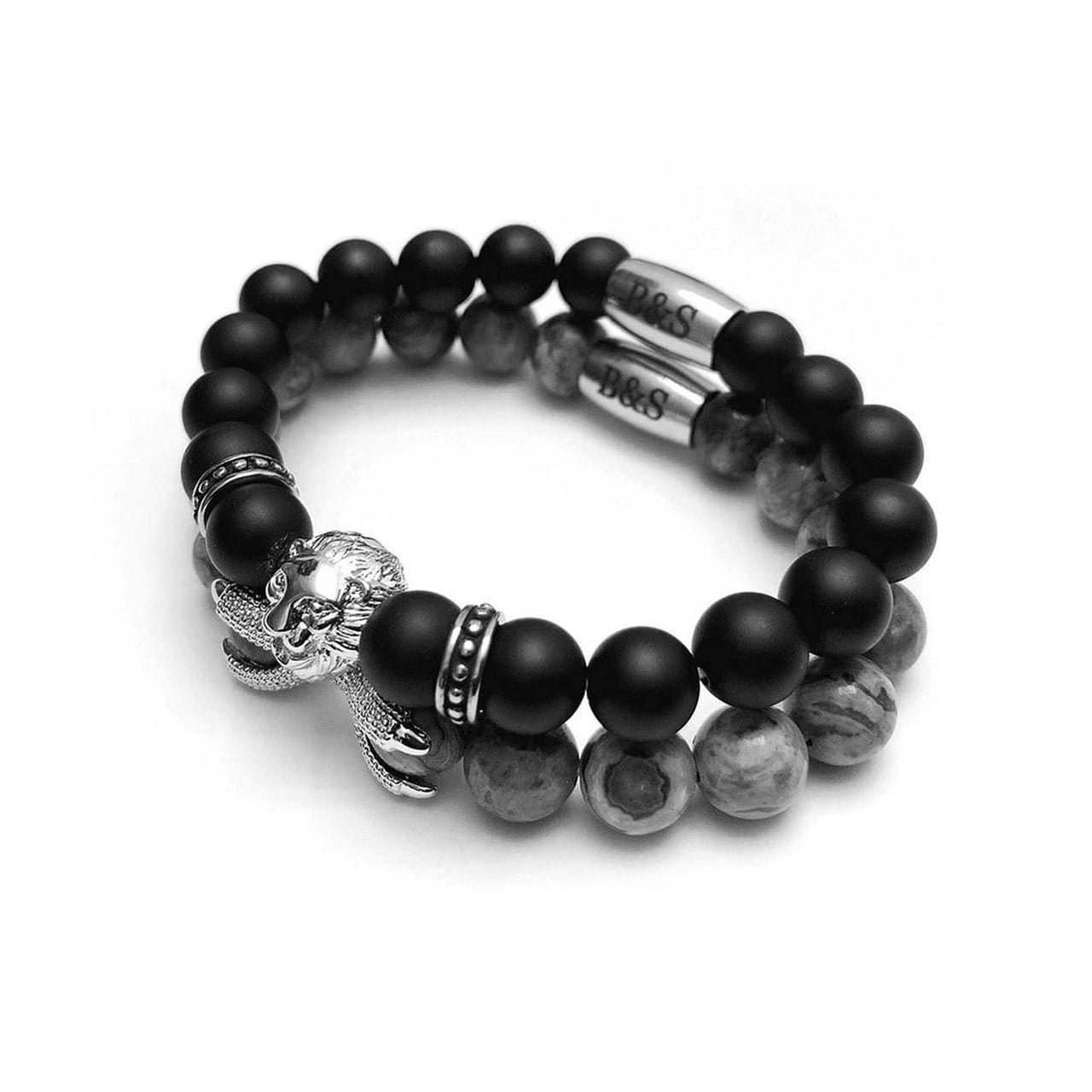 Man Bracelets - Men’s Beaded Bracelets - White Gold Lion with Black & Grey Stones Set - Men’s Bracelet Bracelet Brother & Sisters