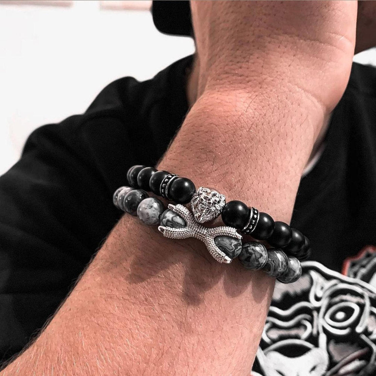 Man Bracelets - Men’s Beaded Bracelets - White Gold Lion with Black & Grey Stones Set - Men’s Bracelet Bracelet Brother & Sisters