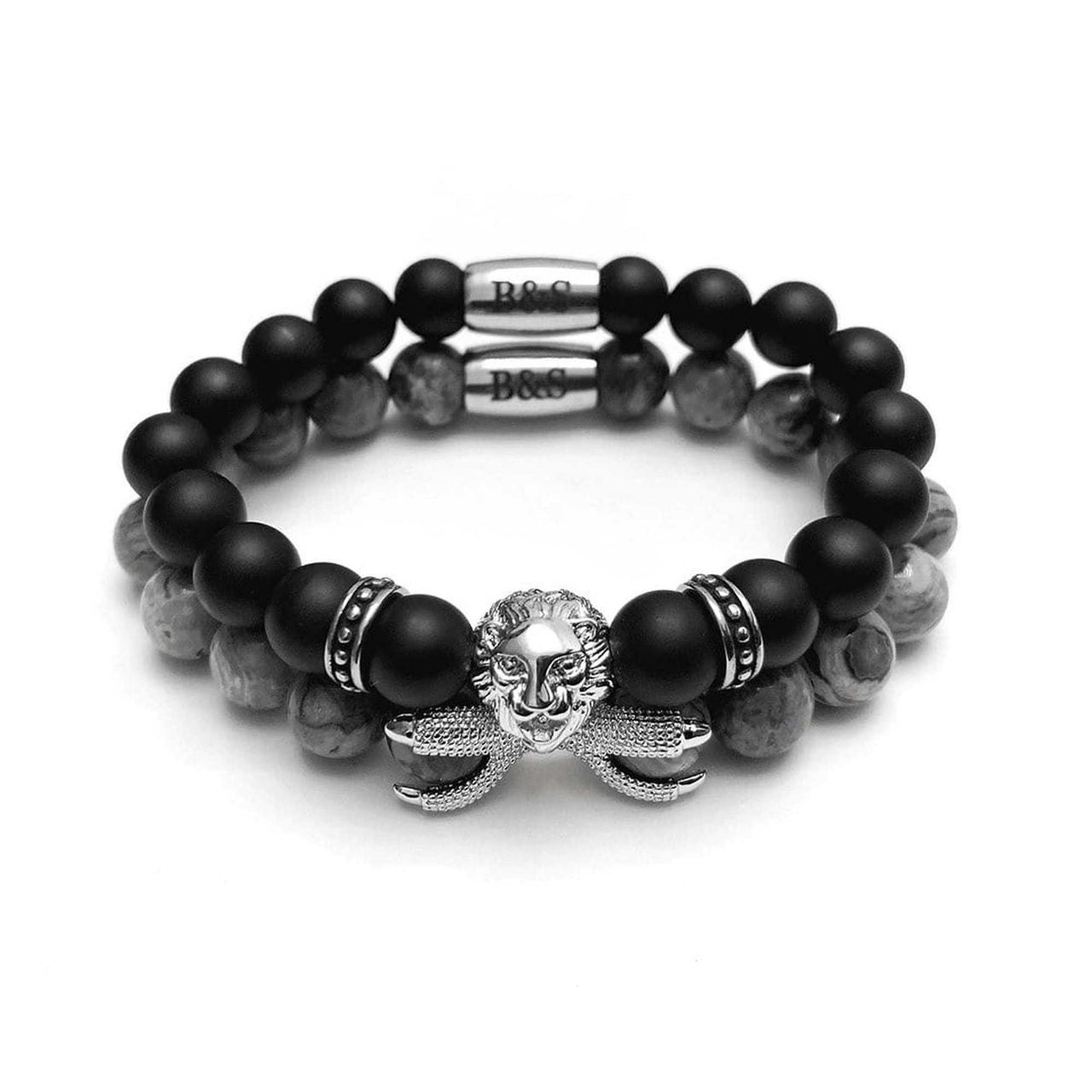 Man Bracelets - Men’s Beaded Bracelets - White Gold Lion with Black & Grey Stones Set - Men’s Bracelet Bracelet XS (14-15cm) Brother & Sisters