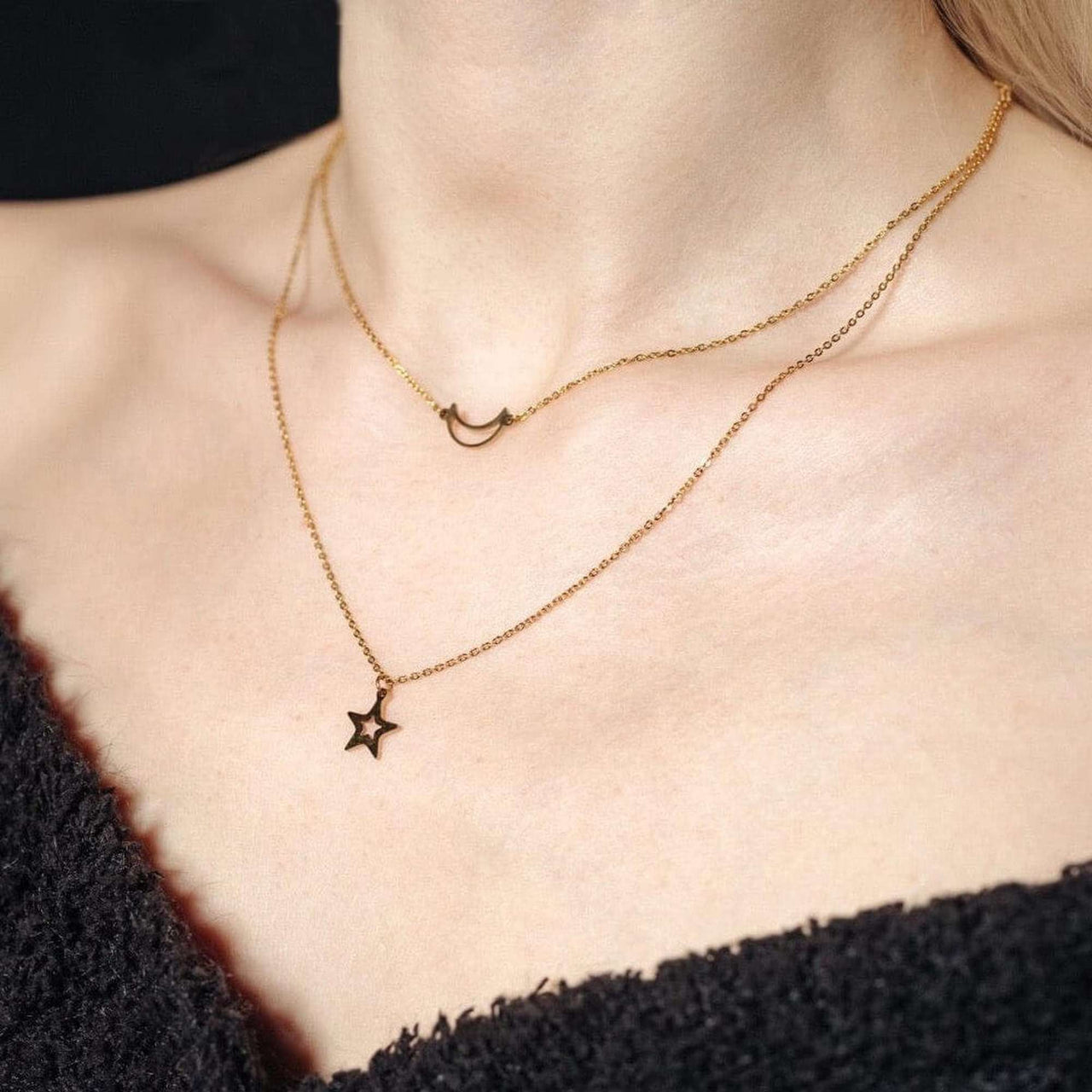 Moon & Star Necklace - Ladies Gold Necklace - Woman Necklace - Gold Chain Necklace 18k Gold Brother & Sisters
